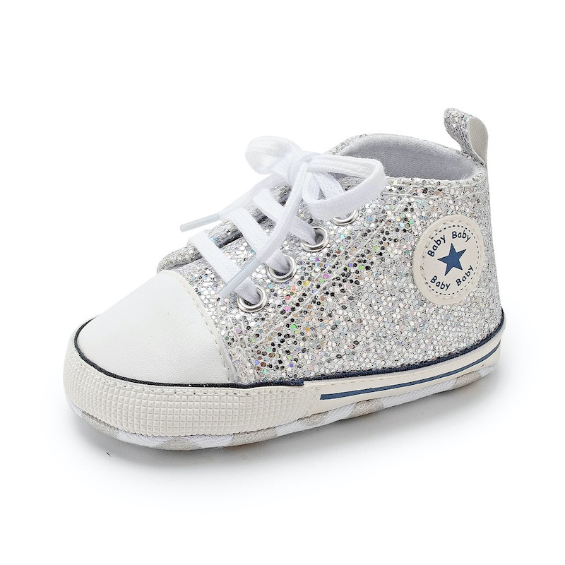 First Walker Casual sequins canvas shoes soft sole prewalker toddler baby Ankle shoes Silver